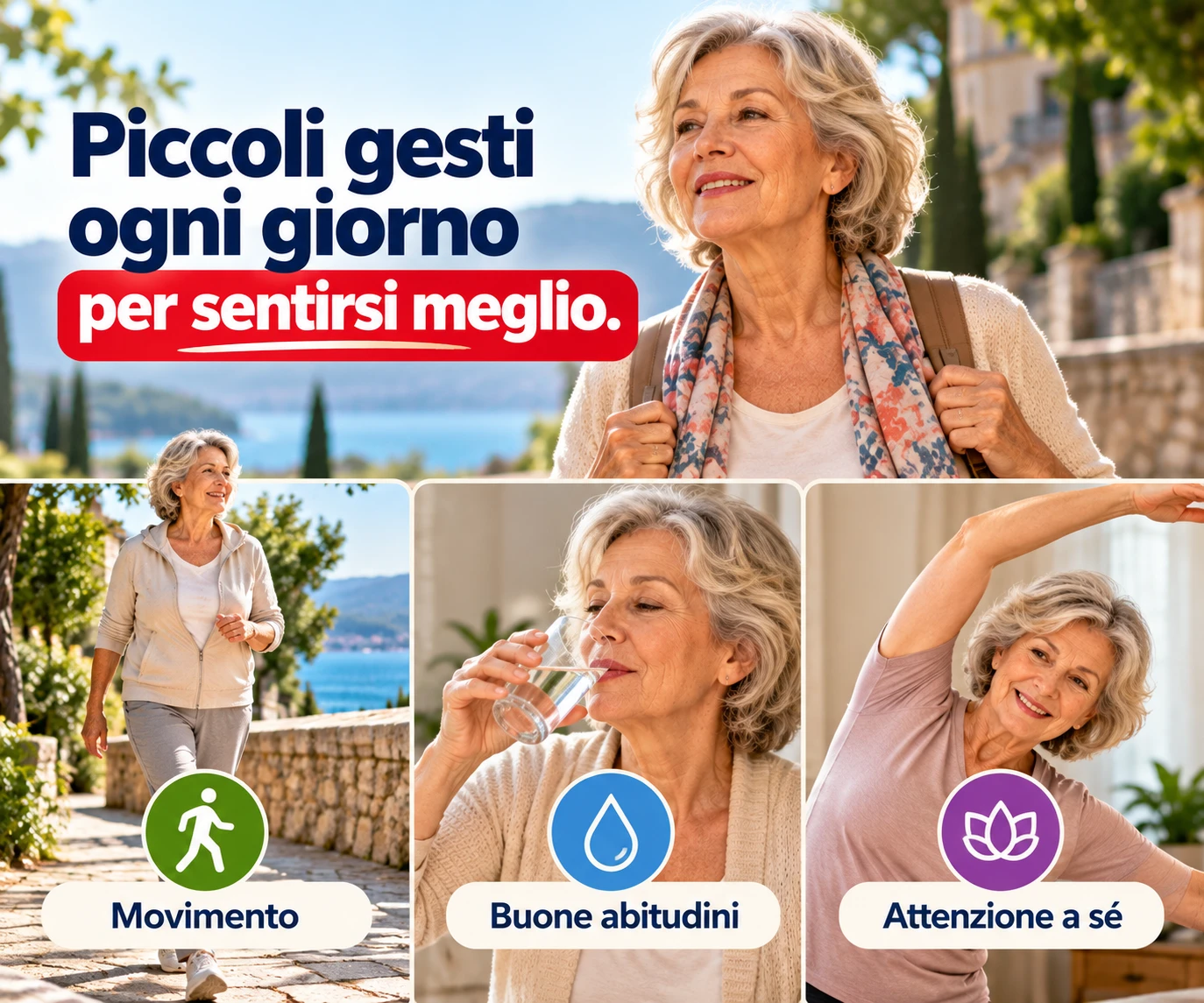 Donna che passeggia, beve acqua e fa stretching