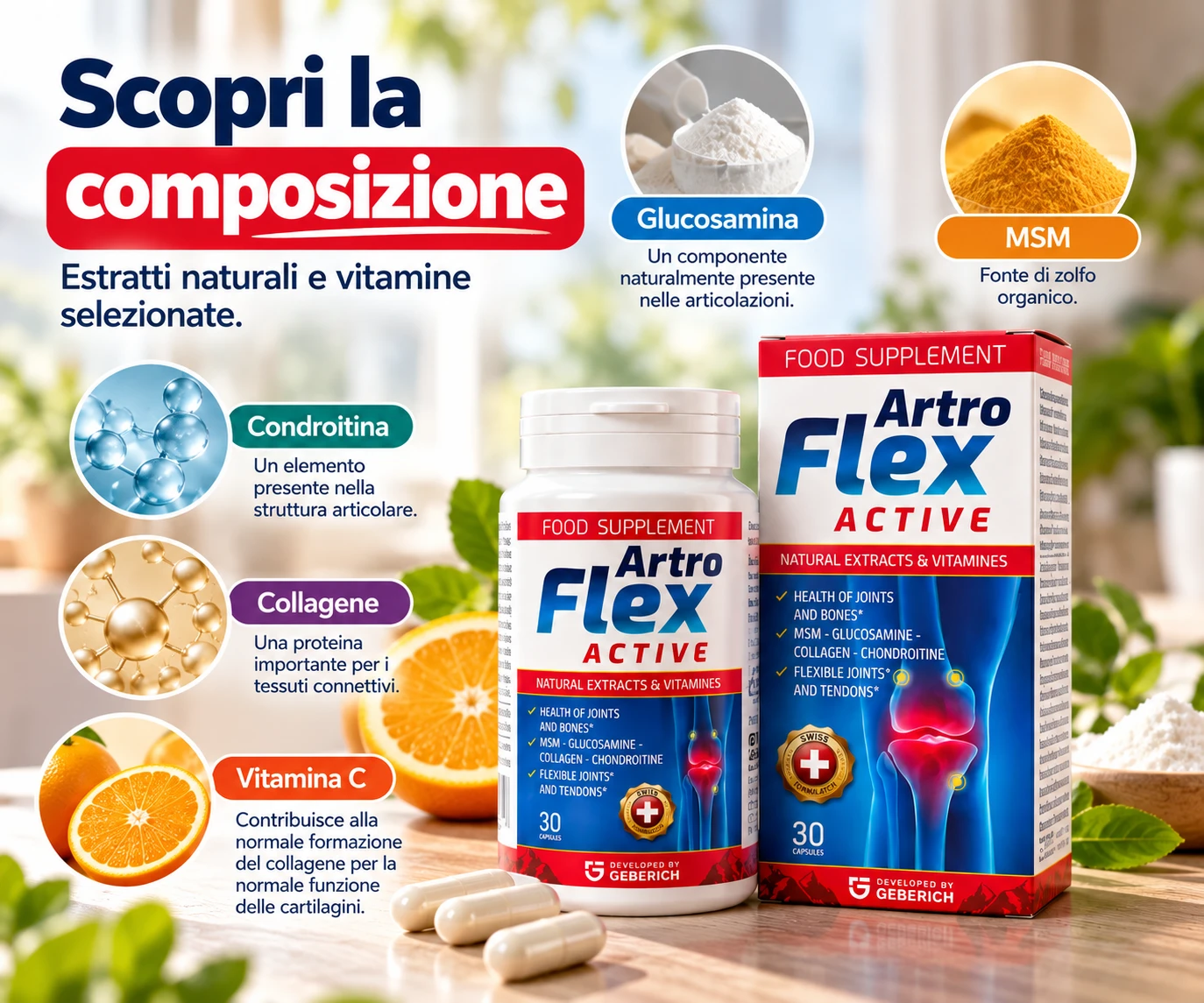 Ingredienti di ArtroFlex Active: glucosamina, MSM, condroitina, collagene, vitamina C